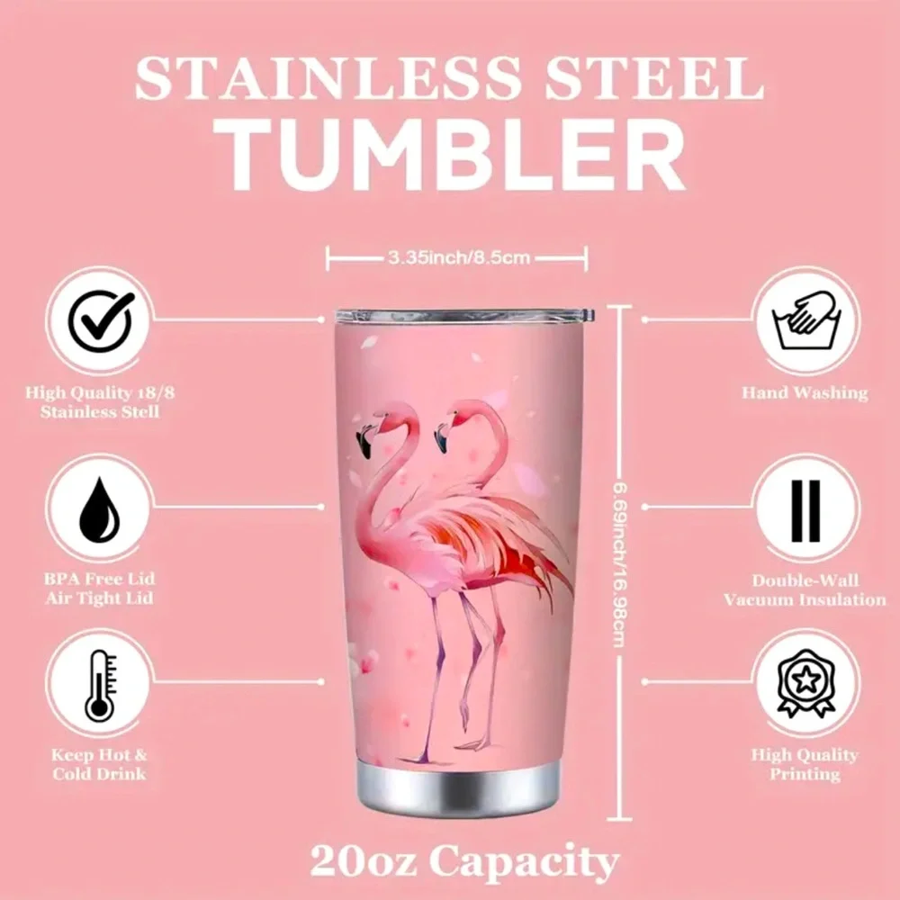 Flamingo Pink Stainless Steel Tumbler 20 OZ Capacity BPA Free Lid